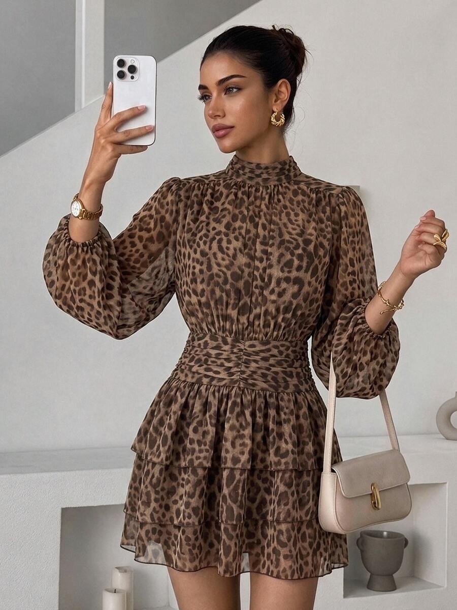 Lavishia Leopard Print Lantern Sleeve Ruffle Hem Dress - Khaki - View 1