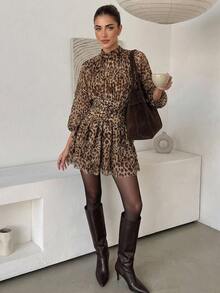 Lavishia Leopard Print Lantern Sleeve Ruffle Hem Dress - Khaki - View 2