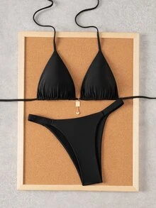 SHEIN Swim Women's Summer New Seaside Vacation Fashion Sweet Cute Contrast Polka Dot Print Reversible Halter Tie Back Sexy Bikini Set Set - Black - View 4