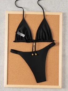 SHEIN Swim Women's Summer New Seaside Vacation Fashion Sweet Cute Contrast Polka Dot Print Reversible Halter Tie Back Sexy Bikini Set Set - Black - View 2