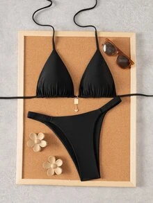 SHEIN Swim Women's Summer New Seaside Vacation Fashion Sweet Cute Contrast Polka Dot Print Reversible Halter Tie Back Sexy Bikini Set Set - Black - View 5