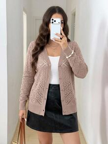 Easowa Curve Women's Plus Size Dusty Pink Autumn Elegant Everyday Long Sleeve Pointelle Hollow Out Knitted Cardigan,Gold Button Front Rib Knit Sweaters Tops Fall - Dusty Pink - View 1
