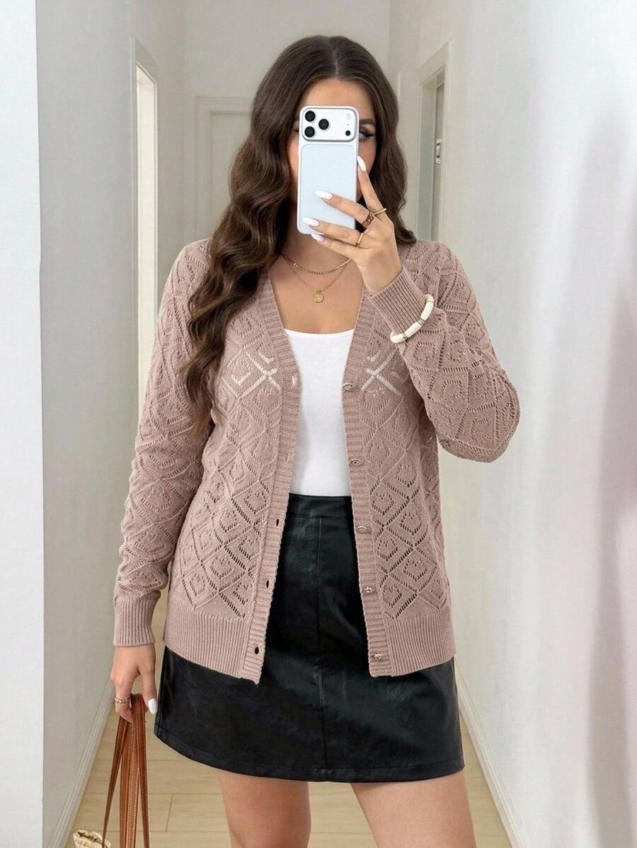 Easowa Curve Women's Plus Size Dusty Pink Autumn Elegant Everyday Long Sleeve Pointelle Hollow Out Knitted Cardigan,Gold Button Front Rib Knit Sweaters Tops Fall - Dusty Pink - View 1