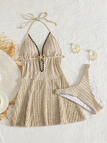 SHEIN Swim Women's Summer Vacation Beige Textured Striped Halter Neck Backless Two Pieces Swimsuit, With High Waist Triangle Bottoms. Features Include Star-Shaped Cutout Design On The Chest, Deep V-Neck With Brown Trim, And Tie-Back Design. Suitable For Spring, Summer, Autumn And Holiday Wear. A Must-Have Swimsuit For Vacation. Vintage Ruched Swimwear Aesthetic - Beige - View 8