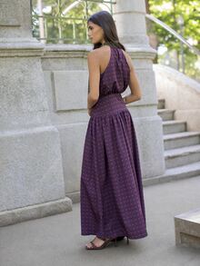 Nöista High-Waisted, Belted, Printed Maxi Skirt Bow Retro Romantic.Comfortable. Elegant Vacations , Party  Going Out Perfect Woman's Wardrobe.Fall/Winter - Purple - View 4