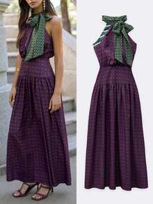 Nöista High-Waisted, Belted, Printed Maxi Skirt Bow Retro Romantic.Comfortable. Elegant Vacations , Party  Going Out Perfect Woman's Wardrobe.Fall/Winter - Purple - View 3