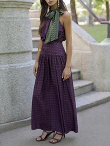 Nöista High-Waisted, Belted, Printed Maxi Skirt Bow Retro Romantic.Comfortable. Elegant Vacations , Party  Going Out Perfect Woman's Wardrobe.Fall/Winter - Purple - View 8