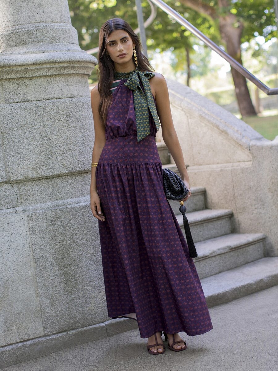 Nöista High-Waisted, Belted, Printed Maxi Skirt Bow Retro Romantic.Comfortable. Elegant Vacations , Party Going Out Perfect Woman's Wardrobe.Fall/Winter - Purple - View 1