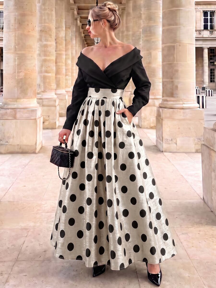 Anewsta Summer Classic Elegant Vintage Polka Dot Holiday Party A-Line Skirt For Women - Apricot - View 1