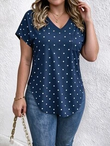 Selamara V-Neck Navy Blue Polka Dot Polka Dot Short-Sleeved Casual T-Shirt Vacation Summer - Multicolor - View 5