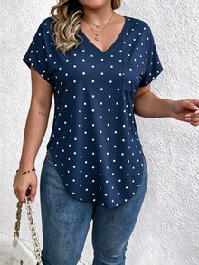 Selamara V-Neck Navy Blue Polka Dot Polka Dot Short-Sleeved Casual T-Shirt Vacation Summer - Multicolor - View 3