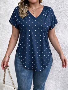 Selamara V-Neck Navy Blue Polka Dot Polka Dot Short-Sleeved Casual T-Shirt Vacation Summer - Multicolor - View 4