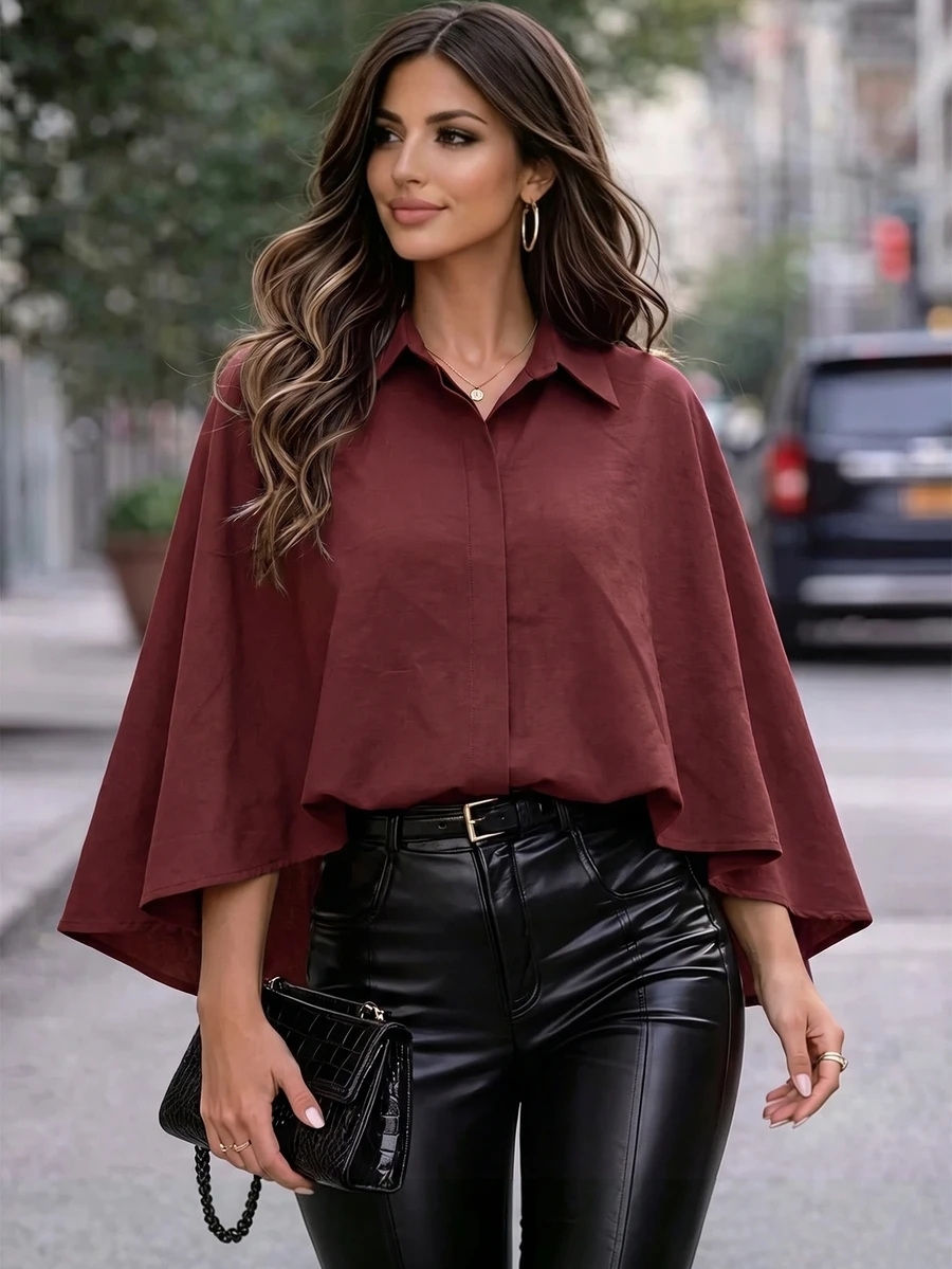 Elenzga Middle East Lapel Asymmetrical Loose Short Jacket, Batwing Sleeve Casual Flattering Solid Color Muslim Shacket - Brown - View 1