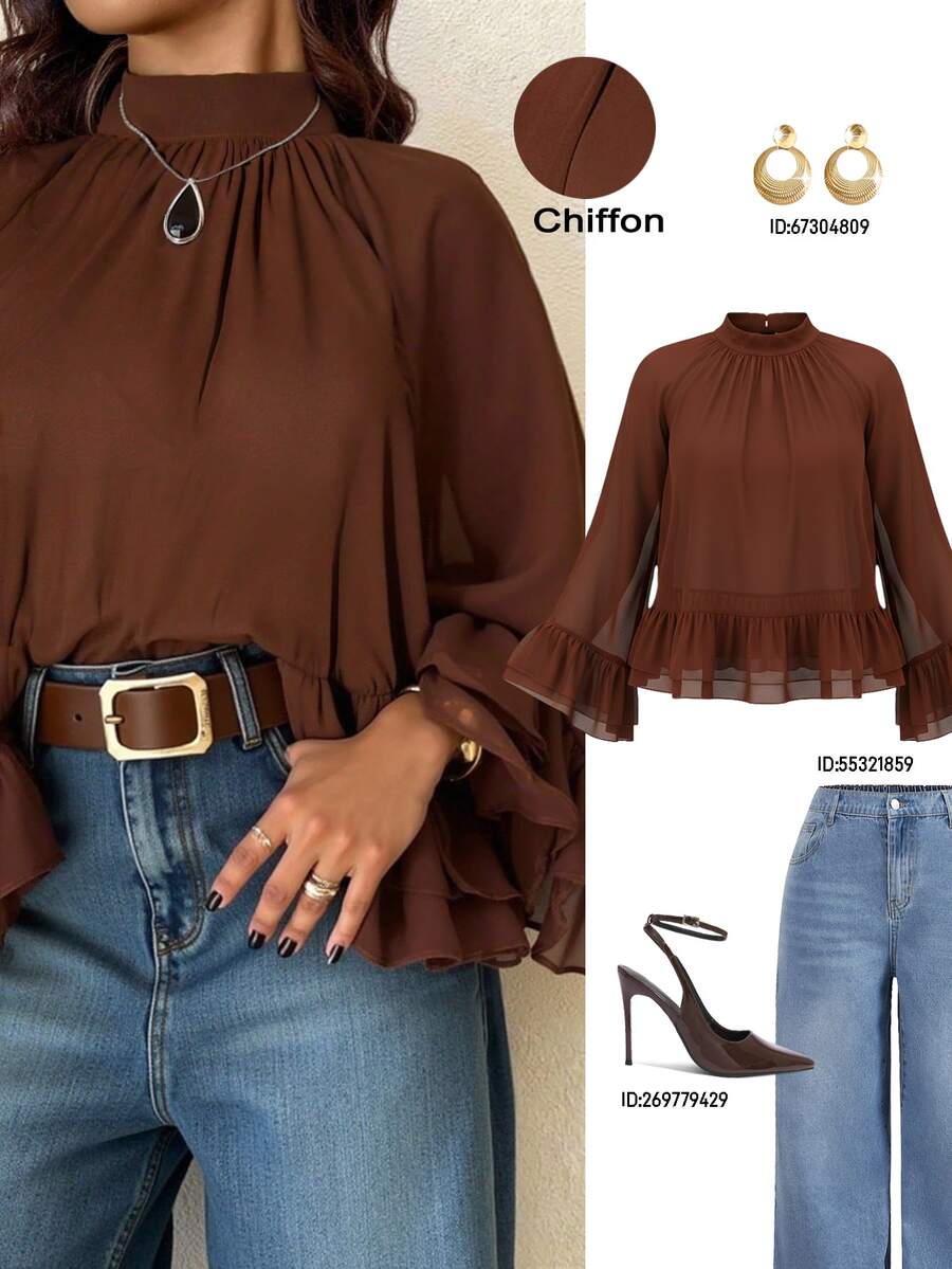 Femmeverse Plus Size Women Layered Ruffle Trim Long Sleeve Casual Top, Elegant Style For Holiday Fall - Coffee Brown - View 1