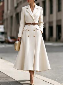 SHEIN LUNE Women's Fall/ Solid Color Lapel Neck Long Sleeve Double-Breasted Elegant Overcoat Office Off-White - Apricot - View 10