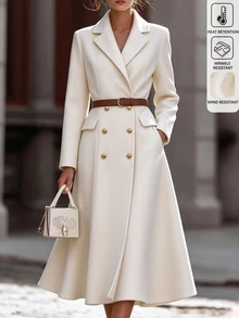 SHEIN LUNE Women's Fall/ Solid Color Lapel Neck Long Sleeve Double-Breasted Elegant Overcoat Office Off-White - Apricot - View 1