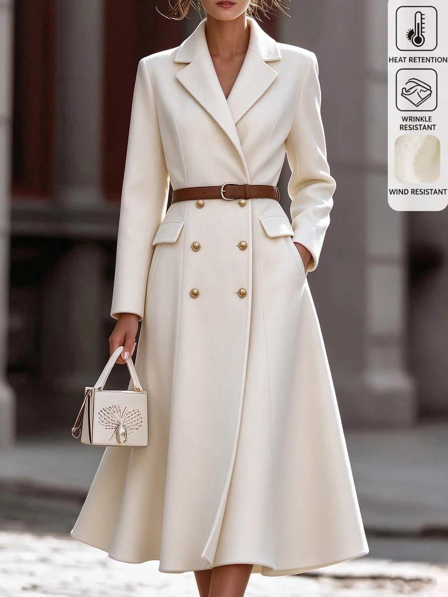 SHEIN LUNE Women's Fall/ Solid Color Lapel Neck Long Sleeve Double-Breasted Elegant Overcoat Office Off-White - Apricot - View 1