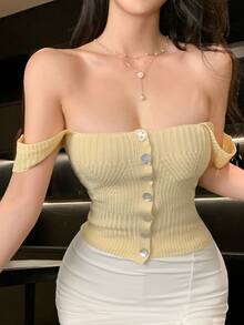 Joudiya Women's Casual Elegant One-Shoulder Short Sleeve Knit Top, Design Sense Pullover Sweater, Suitable For Spring Summer Cute Tops Date Pale Yellow - Yellow - View 7