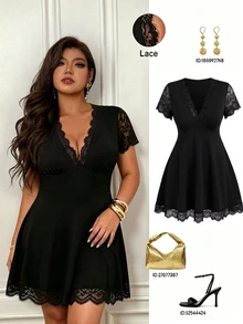 Femmeverse Women's Plus Size Lace Patchwork Sexy Short Sleeve Dress - Black - View 1