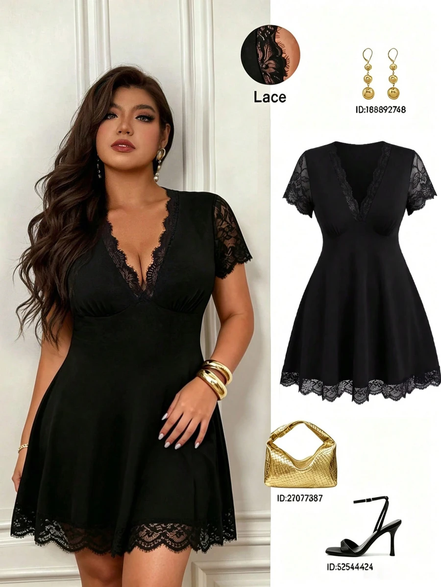 Femmeverse Women's Plus Size Lace Patchwork Sexy Short Sleeve Dress - Black - View 1