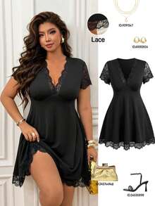 Femmeverse Women's Plus Size Lace Patchwork Sexy Short Sleeve Dress - Black - View 8