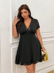 Femmeverse Women's Plus Size Lace Patchwork Sexy Short Sleeve Dress - Black - View 6