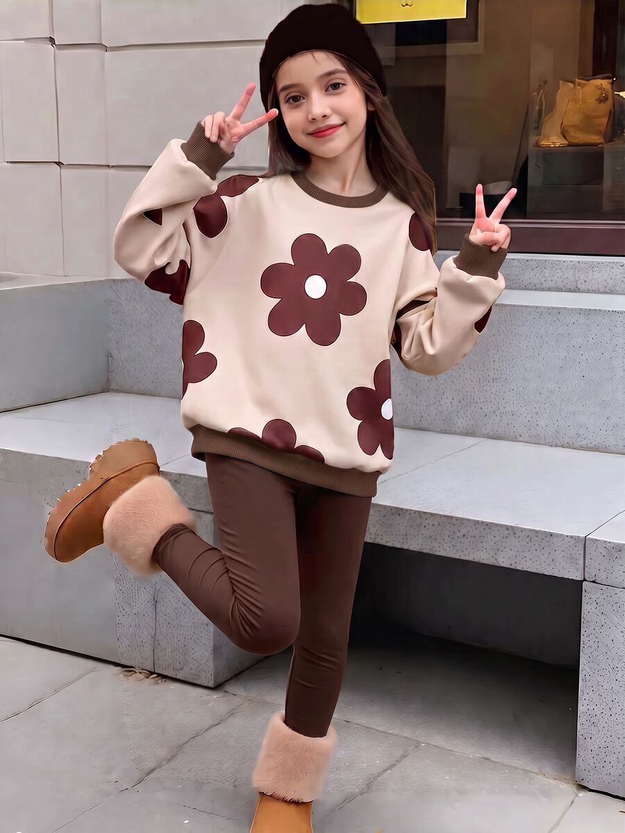 SHEIN 青少年女孩可愛棕色與白色花卉圓領運動衫與緊身褲2件套,秋季返校校園日常穿著,復古風格 - 棕色 - 查看 1