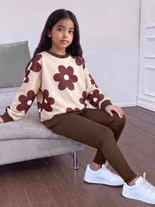 SHEIN 青少年女孩可愛棕色與白色花卉圓領運動衫與緊身褲2件套，秋季返校校園日常穿著，復古風格 - 棕色 - 查看 2