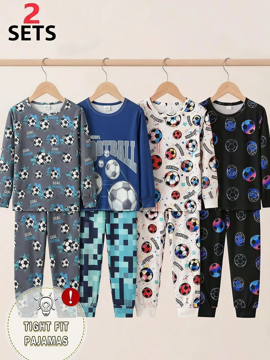 SHEIN 4件組大童男孩秋冬柔軟舒適貼身睡衣,可愛卡通格紋綠色足球元素滿版印花,運動休閒簡約居家長袖長褲套裝 - 藍色 - 查看 1