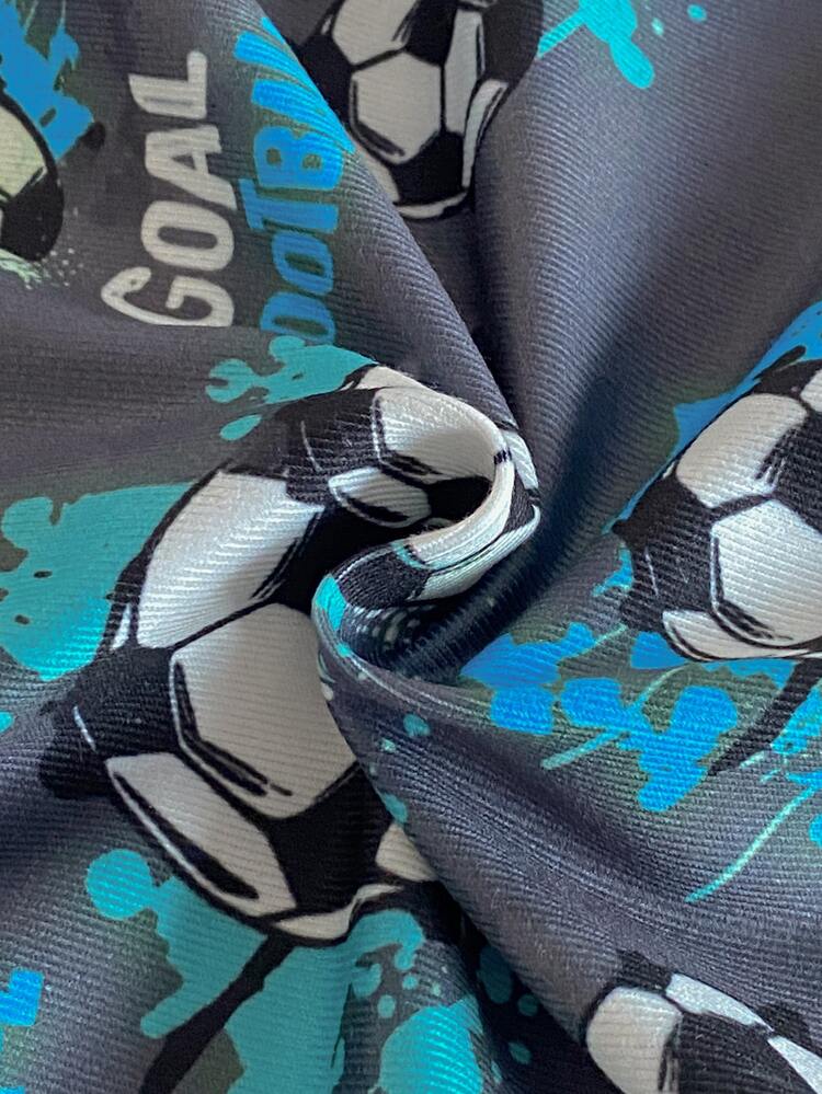 SHEIN 4pcs/Set Boys Big Kids Autumn/Winter Soft Comfortable Snug Fit Pajamas, Cute Cartoon Plaid Green With Soccer Element All-Over Print, Sports Casual Simple Home Wear Long Sleeve Long Pants 4-Piece Set - Blue - View 7