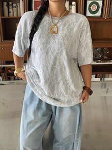 Muchica 大尺碼女款蕾絲拼接對比色字母刺繡T恤 灰色 夏季休閒性感都市女孩風 適合度假、約會之夜 - 彩色 - 查看 4