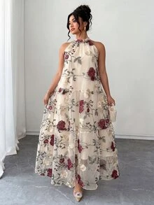 Elenzga 大尺碼夏季花卉刺繡網紗掛脖優雅星空婚紗禮服，波希米亞風無袖層次飄逸長洋裝女款 - 米色 - 查看 3