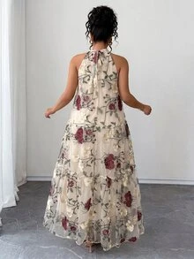 Elenzga 大尺碼夏季花卉刺繡網紗掛脖優雅星空婚紗禮服，波希米亞風無袖層次飄逸長洋裝女款 - 米色 - 查看 2