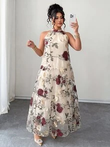 Elenzga 大尺碼夏季花卉刺繡網紗掛脖優雅星空婚紗禮服，波希米亞風無袖層次飄逸長洋裝女款 - 米色 - 查看 8