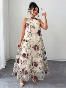 Elenzga 大尺碼夏季花卉刺繡網紗掛脖優雅星空婚紗禮服，波希米亞風無袖層次飄逸長洋裝女款 - 米色 - 查看 6