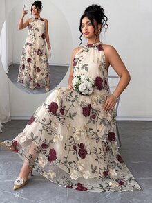 Elenzga 大尺碼夏季花卉刺繡網紗掛脖優雅星空婚紗禮服，波希米亞風無袖層次飄逸長洋裝女款 - 米色 - 查看 10