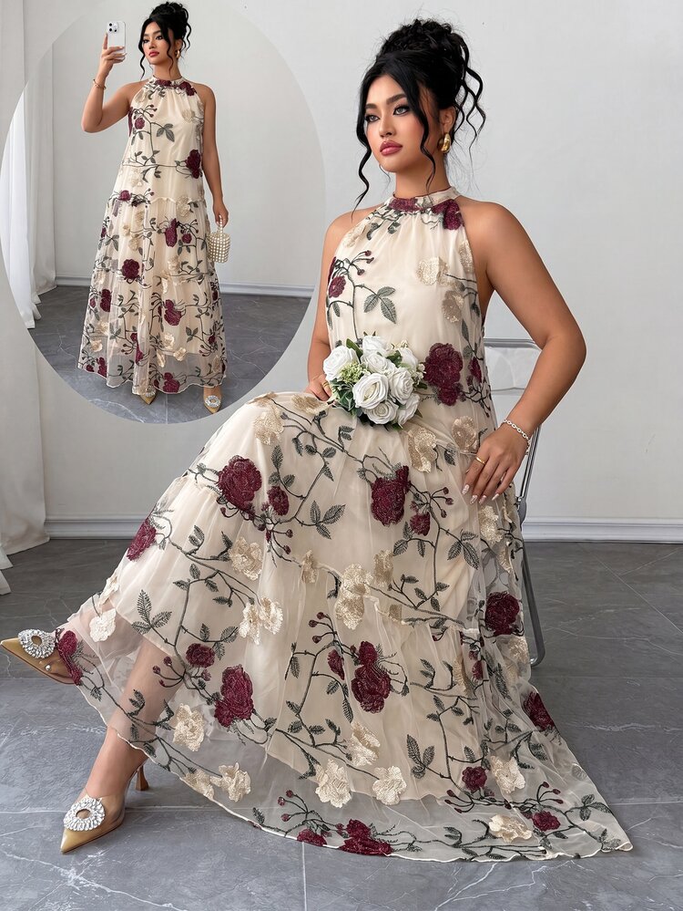 Elenzga Plus Size Summer Floral Embroidered Mesh Halter Neck Elegant Celestial Wedding Dress, Bohemian Style Sleeveless Tiered Flowy Long Dress For Women - Beige - View 10