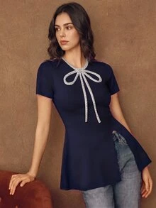 Anewsta Women's Summer Pink Elegant Fashion Bow Rhinestone Embellished Round Neck Slim Fit Mid-Length Ruffle Short Sleeve Slit Knit Top T-Shirt - Royal Blue - View 4