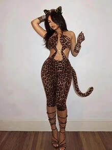 Slaydiva Women Leopard Print Halter Jumpsuit Neck Front Brown Leopard Pattern Print Bodycon Romper Y2K Sexy Nightclub Knee Length Unitard Halloween - Multicolor - View 2