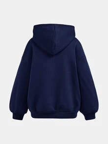 SHEIN 青少年女孩秋冬休閒保暖內裡加厚 3D 蝴蝶結裝飾連帽口袋大版長袖套頭衛衣 皇家藍/海軍藍 日常休閒學院風復古 - 寶藍色 - 查看 2