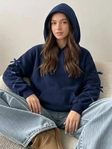 SHEIN 青少年女孩秋冬休閒保暖內裡加厚 3D 蝴蝶結裝飾連帽口袋大版長袖套頭衛衣 皇家藍/海軍藍 日常休閒學院風復古 - 寶藍色 - 查看 5