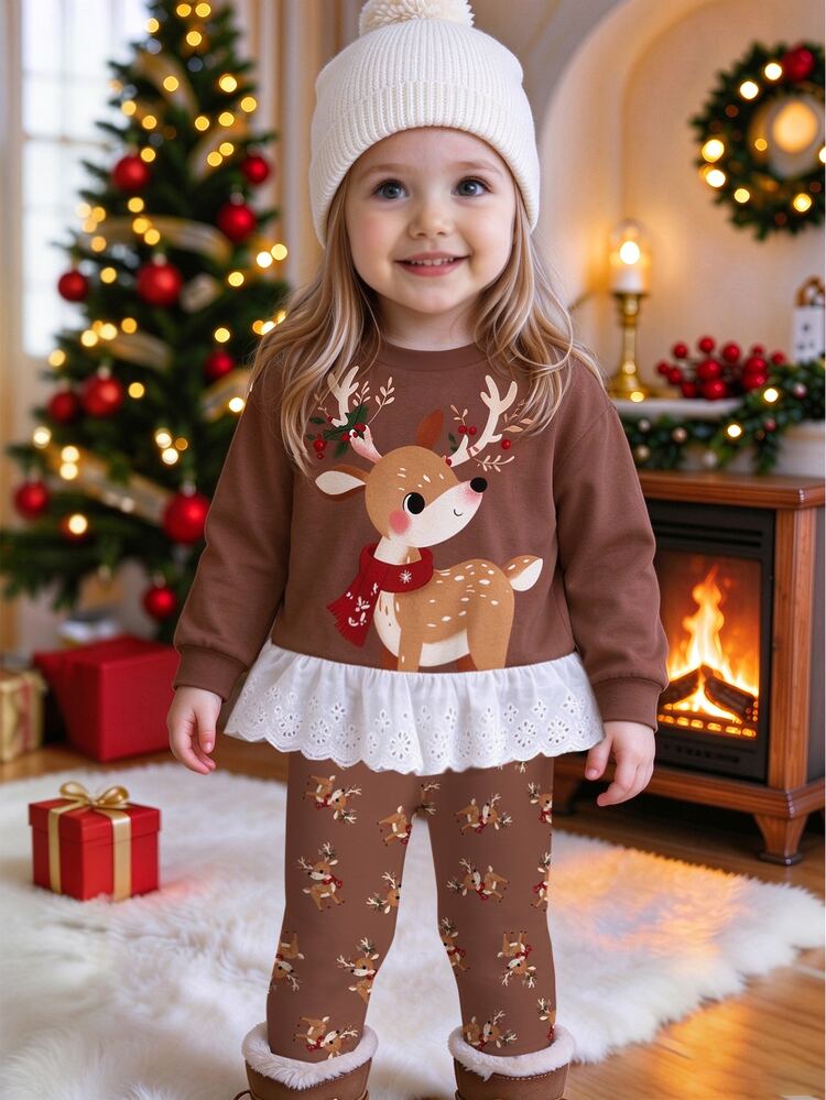 Infant Christmas Themed Reindeer Print Pullover & Pants 2 Pieces Outfit, Toddler Sweet Lace Sweatshirt Set, Suitable For Christmas Outfit - Multicolor - View 5