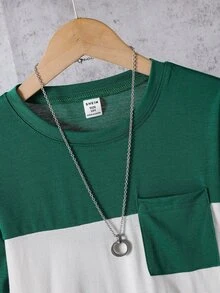 Vacaura 男童休閒對比色圓領長袖小口袋T恤，秋季款 - 墨綠色 - 查看 3