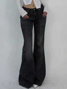 DAZY Women's Washed Distressed Korean Style Loose Flare Jeans Petite Fall - Dark Grey - View 6