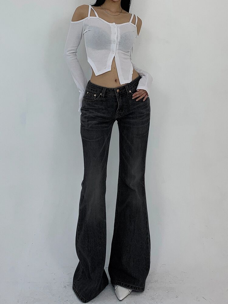 DAZY Women's Washed Distressed Korean Style Loose Flare Jeans Petite Fall - Dark Grey - View 5