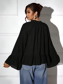 Femmeverse Plus Size Women Layered Ruffle Trim Long Sleeve Casual Top, Elegant Style For Holiday Fall - Black - View 2