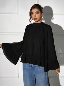 Femmeverse Plus Size Women Layered Ruffle Trim Long Sleeve Casual Top, Elegant Style For Holiday Fall - Black - View 5
