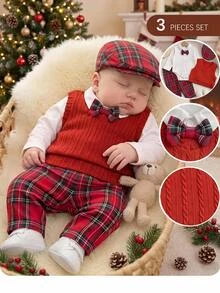 SHEIN Kids Kids Kids 3pcs Newborn Set: Thermal-Lined Long Sleeve Jumpsuit, Textured Ribbed Vest, Christmas Plaid Pants, Suitable For Winter Christmas - Red - View 1