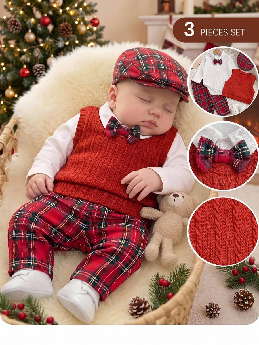 SHEIN Kids Kids Kids 3pcs Newborn Set: Thermal-Lined Long Sleeve Jumpsuit, Textured Ribbed Vest, Christmas Plaid Pants, Suitable For Winter Christmas - Red - View 1