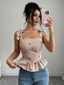 SHEIN Clasi Women's Striped Bow Print Casual Daily Wear Top - Coffee Brown - View 4